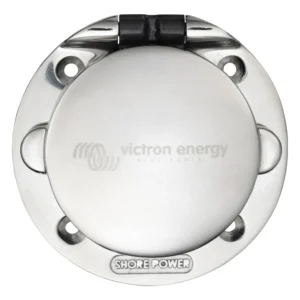 Victron Shore Power Edelstahl-Außensteckdose 16A geschlossene Frontansicht mit Klappdeckel und SHORE POWER Logo