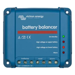 Victron Battery Balancer BBA000100100 Frontansicht mit vier Status-LEDs und Schraubklemmen fuer Batterien, Reset und Alarm