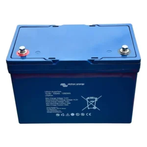 Victron Lithium SuperPack 100Ah 12V LiFePO4 High Current, Schrägansicht mit M8-Polen und integriertem BMS